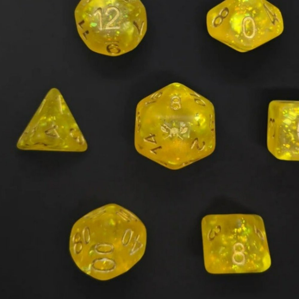 FROSTED FEYWILD ™️ - YELLOW WITH FOIL INCLUSIONS AND SILVER NUMBERS DICE SET